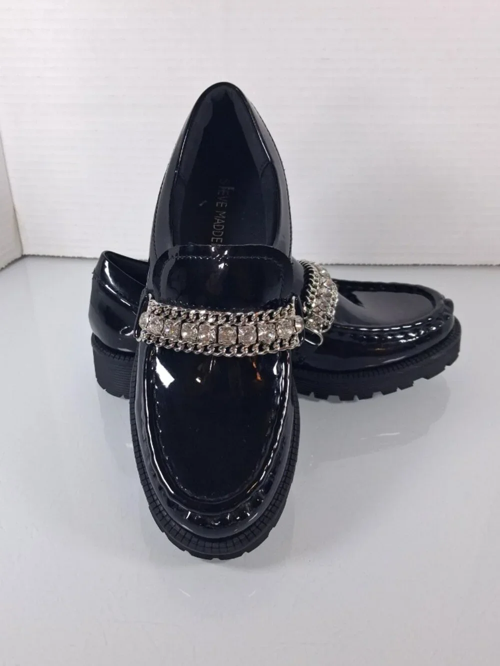 Steve Madden Girls Size 1 Black Taylar Loafers Slip On Shoes Rhinestone Accent